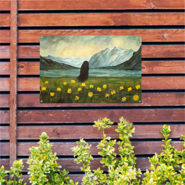 Abstract schilderij van berglandschap met bloemen tuinposter