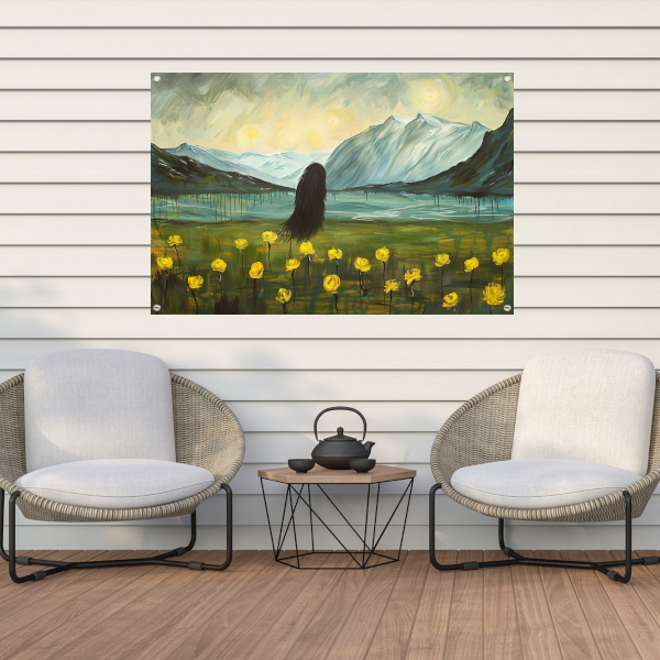 Abstract schilderij van berglandschap met bloemen tuinposter