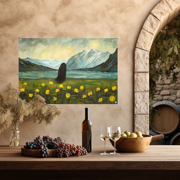 Abstract schilderij van berglandschap met bloemen tuinposter
