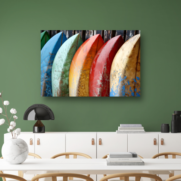 Kleurrijke surfboards tegen muur canvas
