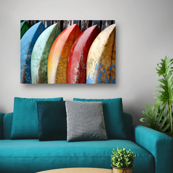 Kleurrijke surfboards tegen muur canvas