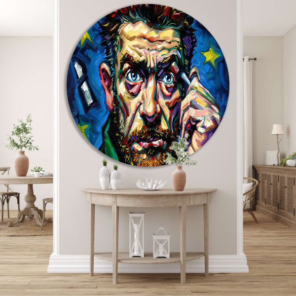 Kleurrijk abstract portret met sterrenachtergrond aluminium muurcirkel