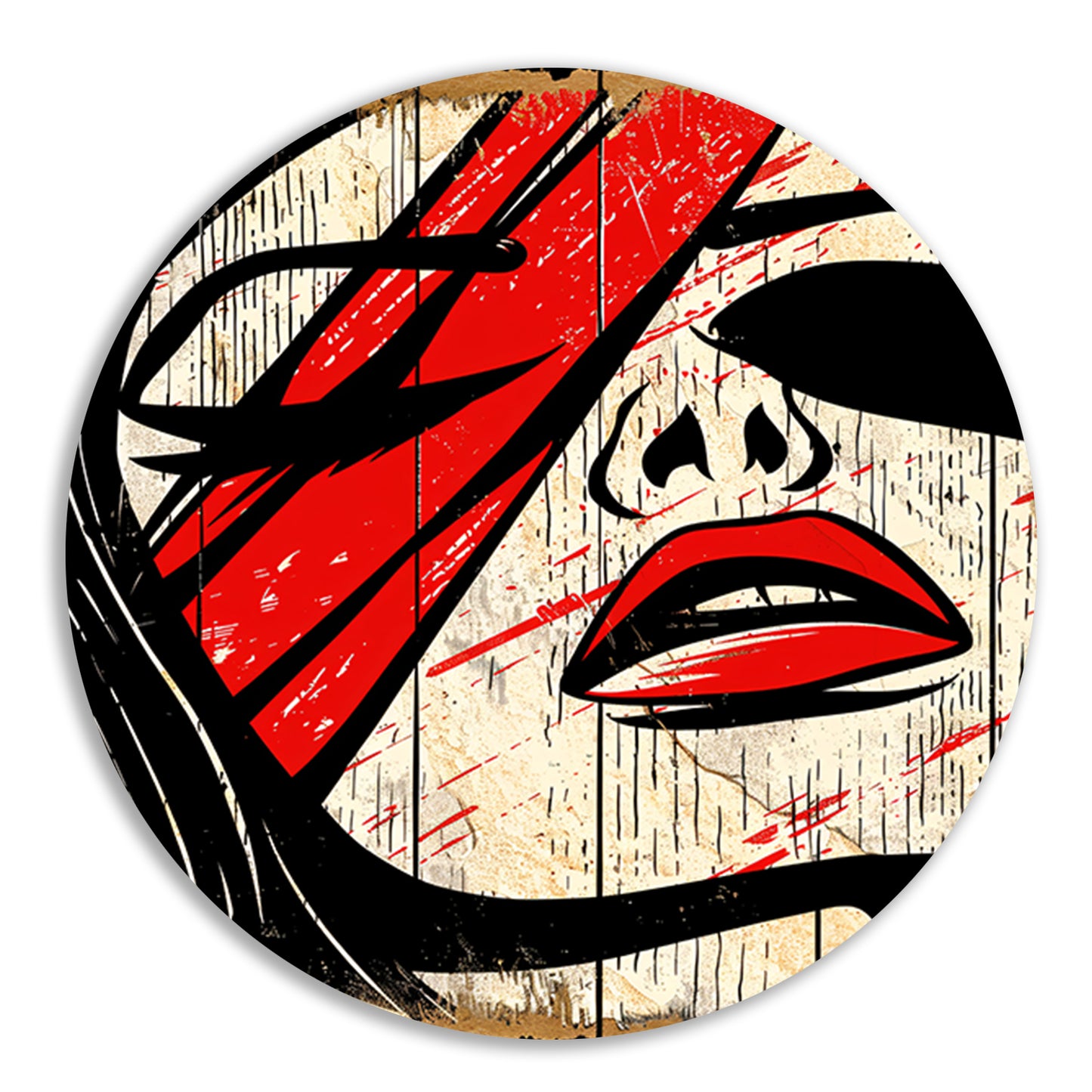 Abstract portret van vrouw met rode verf aluminium muurcirkel