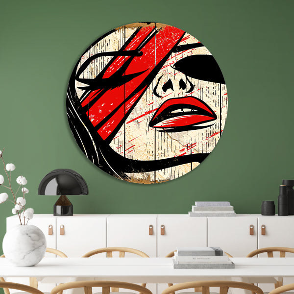 Abstract portret van vrouw met rode verf aluminium muurcirkel