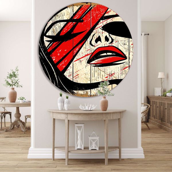 Abstract portret van vrouw met rode verf aluminium muurcirkel