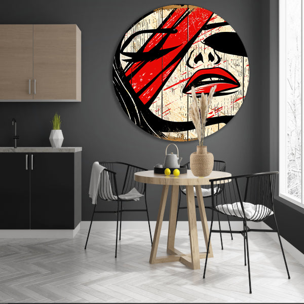 Abstract portret van vrouw met rode verf aluminium muurcirkel