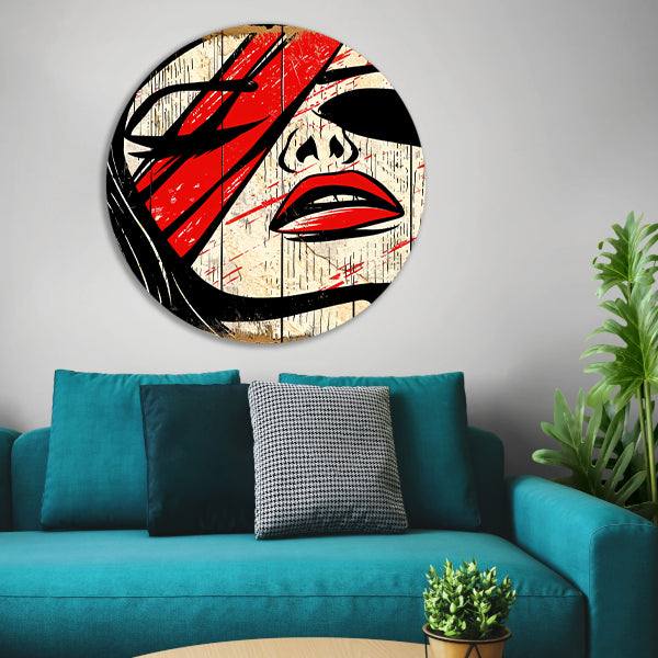 Abstract portret van vrouw met rode verf aluminium muurcirkel
