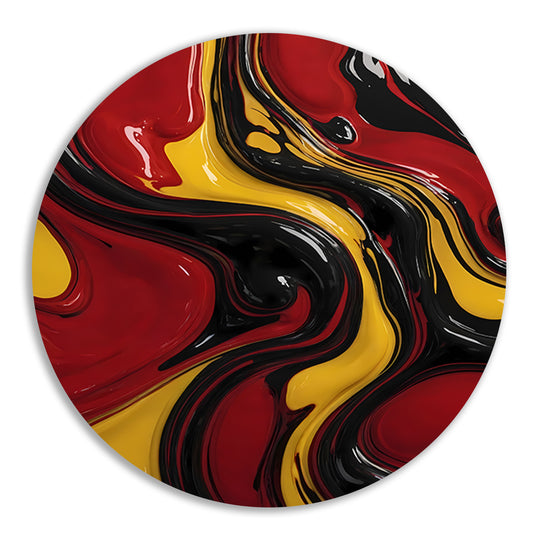 Dynamische abstracte dans in rood en geel aluminium muurcirkel