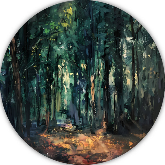 Kleurrijk impressionistisch bos met zonlicht aluminium muurcirkel