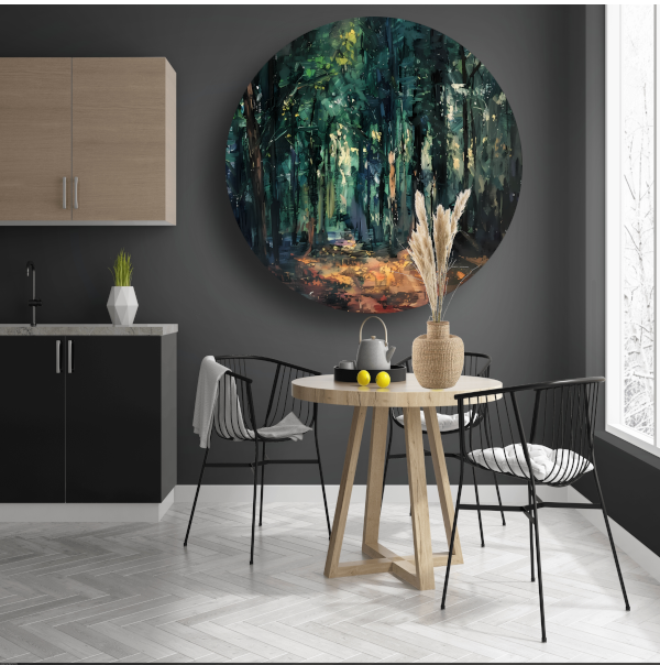 Kleurrijk impressionistisch bos met zonlicht aluminium muurcirkel