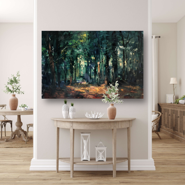 Kleurrijk impressionistisch bos met zonlicht poster