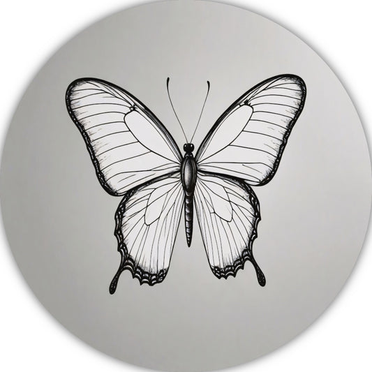 Minimalistische zwart-wit vlinder lijnkunst aluminium muurcirkel