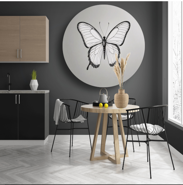 Minimalistische zwart-wit vlinder lijnkunst forex muurcirkel