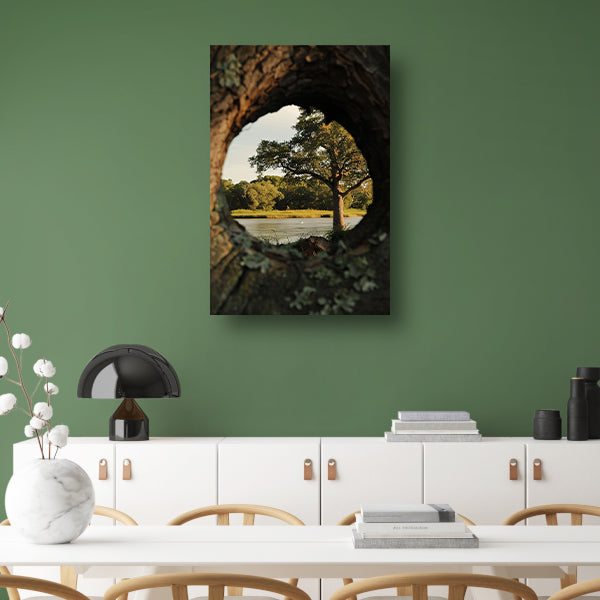 Boom weerspiegeld in rivier door boomholte poster