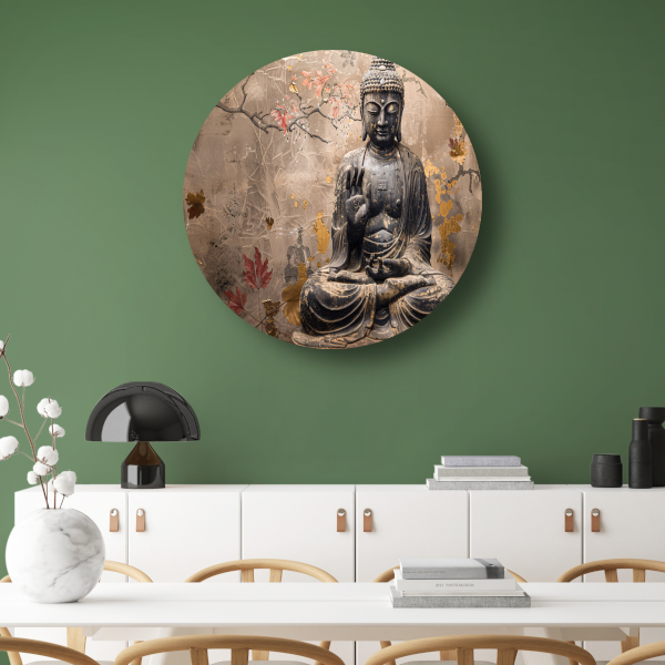 Boeddha in Herfstsereniteit: Sepia en Goud aluminium muurcirkel