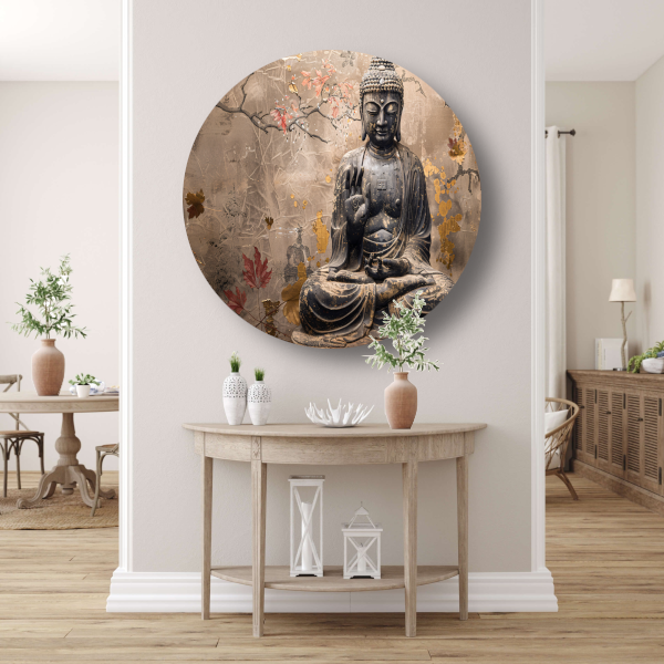 Boeddha in Herfstsereniteit: Sepia en Goud aluminium muurcirkel