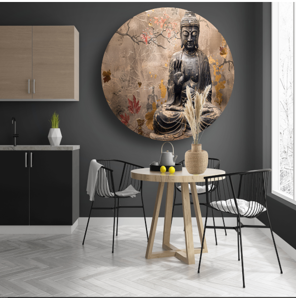 Boeddha in Herfstsereniteit: Sepia en Goud aluminium muurcirkel
