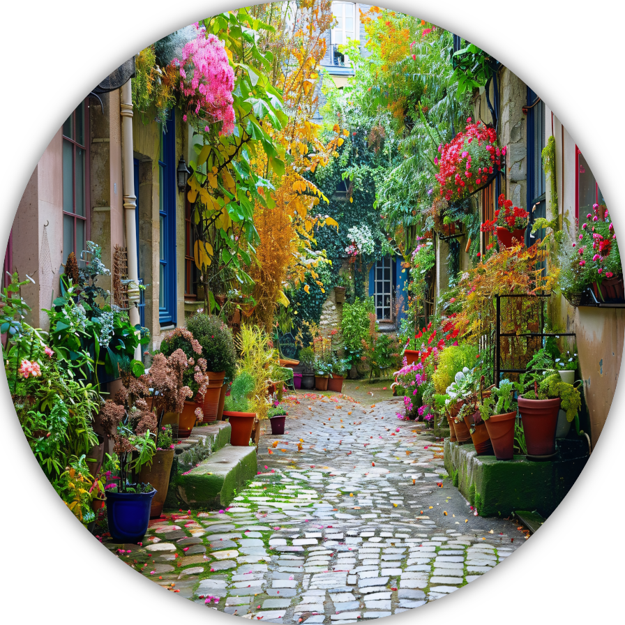 Impressionistische Straat met Bloeiende Planten aluminium muurcirkel