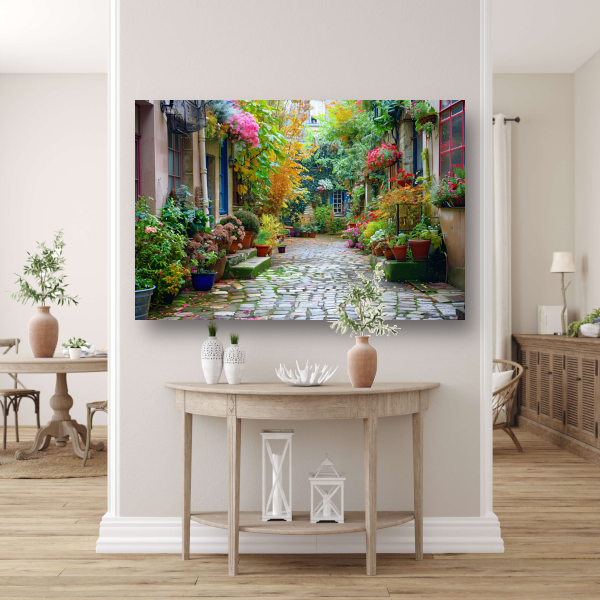 Impressionistische Straat met Bloeiende Planten poster