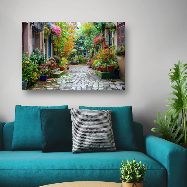 Impressionistische Straat met Bloeiende Planten poster