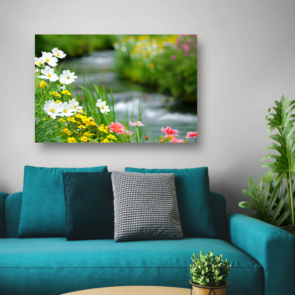 Bloemen langs een rustig beekje poster