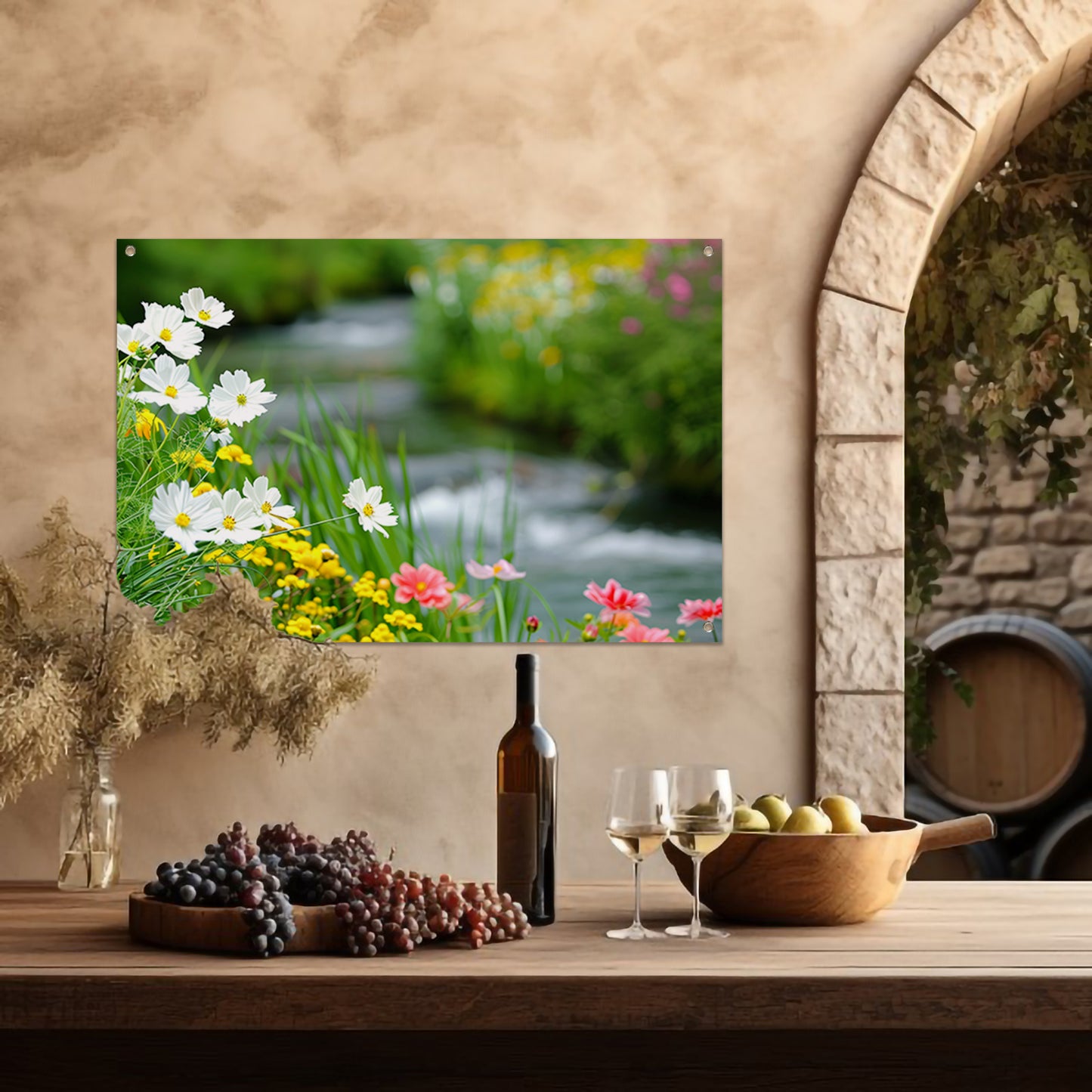 Bloemen langs een rustig beekje tuinposter