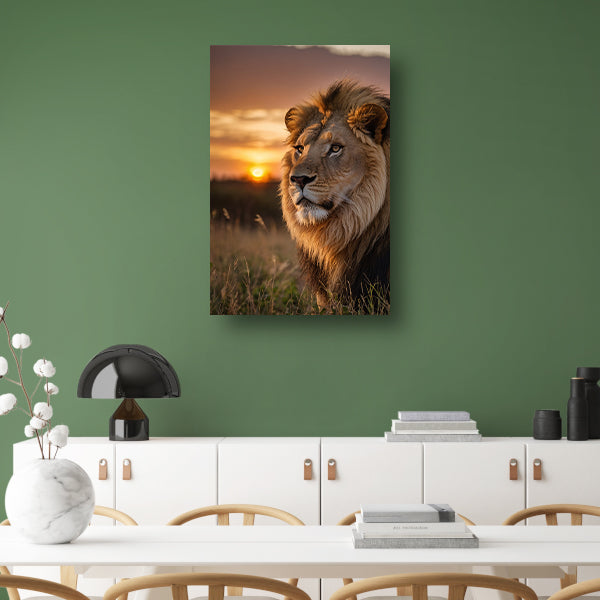 Majestueuze leeuw bij adembenemende zonsondergang canvas