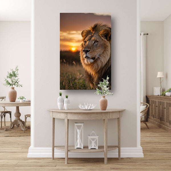 Majestueuze leeuw bij adembenemende zonsondergang canvas