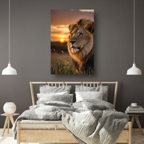 Majestueuze leeuw bij adembenemende zonsondergang canvas