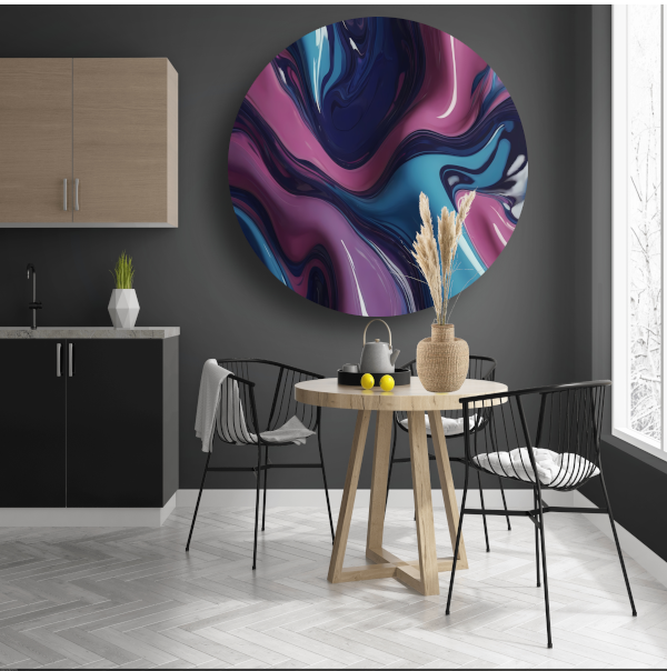 Dynamisch abstract kleurenspel in vloeistof aluminium muurcirkel