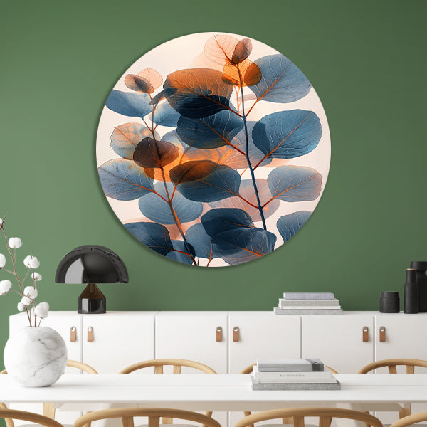 Abstracte compositie van blauwe en oranje bladeren forex muurcirkel