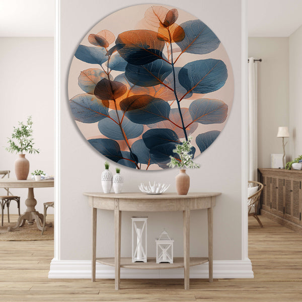 Abstracte compositie van blauwe en oranje bladeren forex muurcirkel
