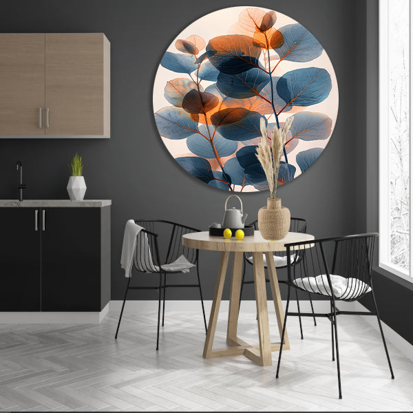 Abstracte compositie van blauwe en oranje bladeren forex muurcirkel