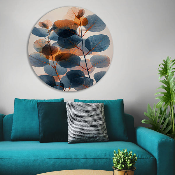 Abstracte compositie van blauwe en oranje bladeren forex muurcirkel