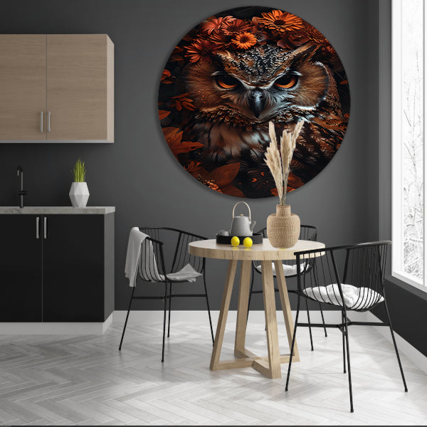 Uil en Herfstbloemen in Warme Tinten forex muurcirkel