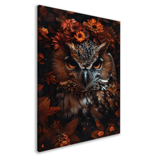Uil en Herfstbloemen in Warme Tinten canvas