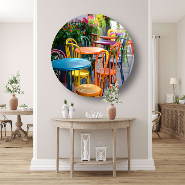 Kleurrijke minimalistische meubels aluminium muurcirkel