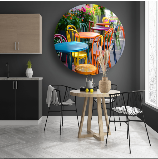 Kleurrijke minimalistische meubels aluminium muurcirkel
