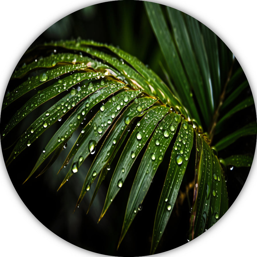 Blad met waterdruppels in close-up aluminium muurcirkel
