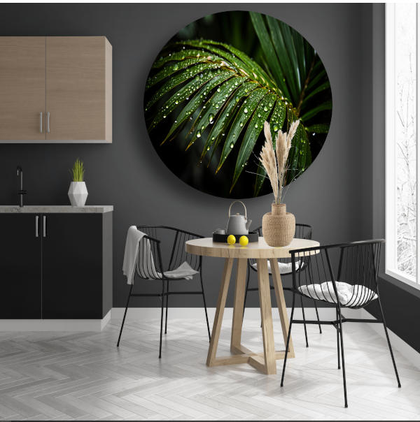 Blad met waterdruppels in close-up aluminium muurcirkel