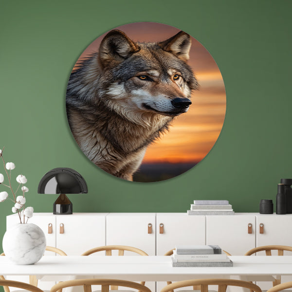 Majestueuze wolf bij prachtige zonsondergang forex muurcirkel