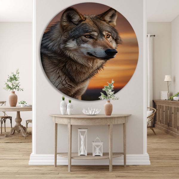 Majestueuze wolf bij prachtige zonsondergang forex muurcirkel