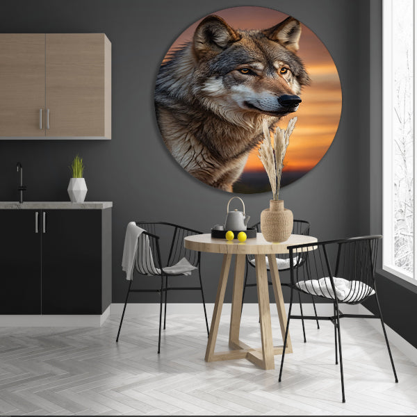 Majestueuze wolf bij prachtige zonsondergang forex muurcirkel