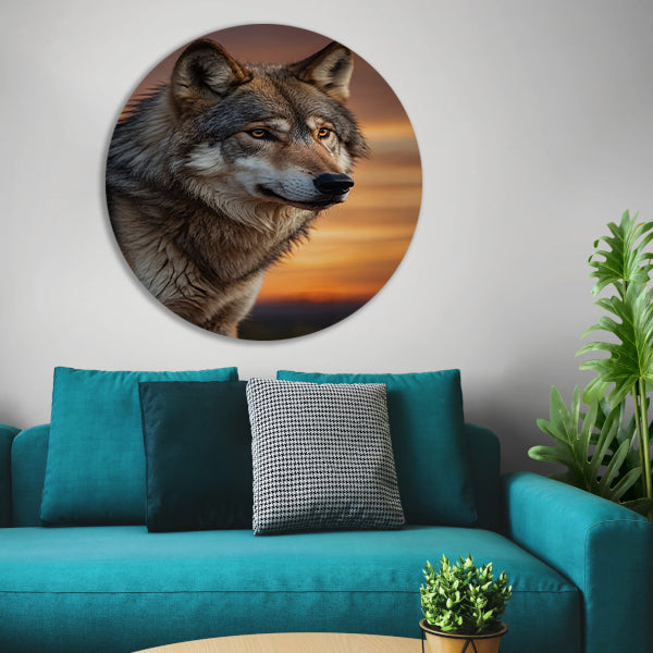 Majestueuze wolf bij prachtige zonsondergang forex muurcirkel