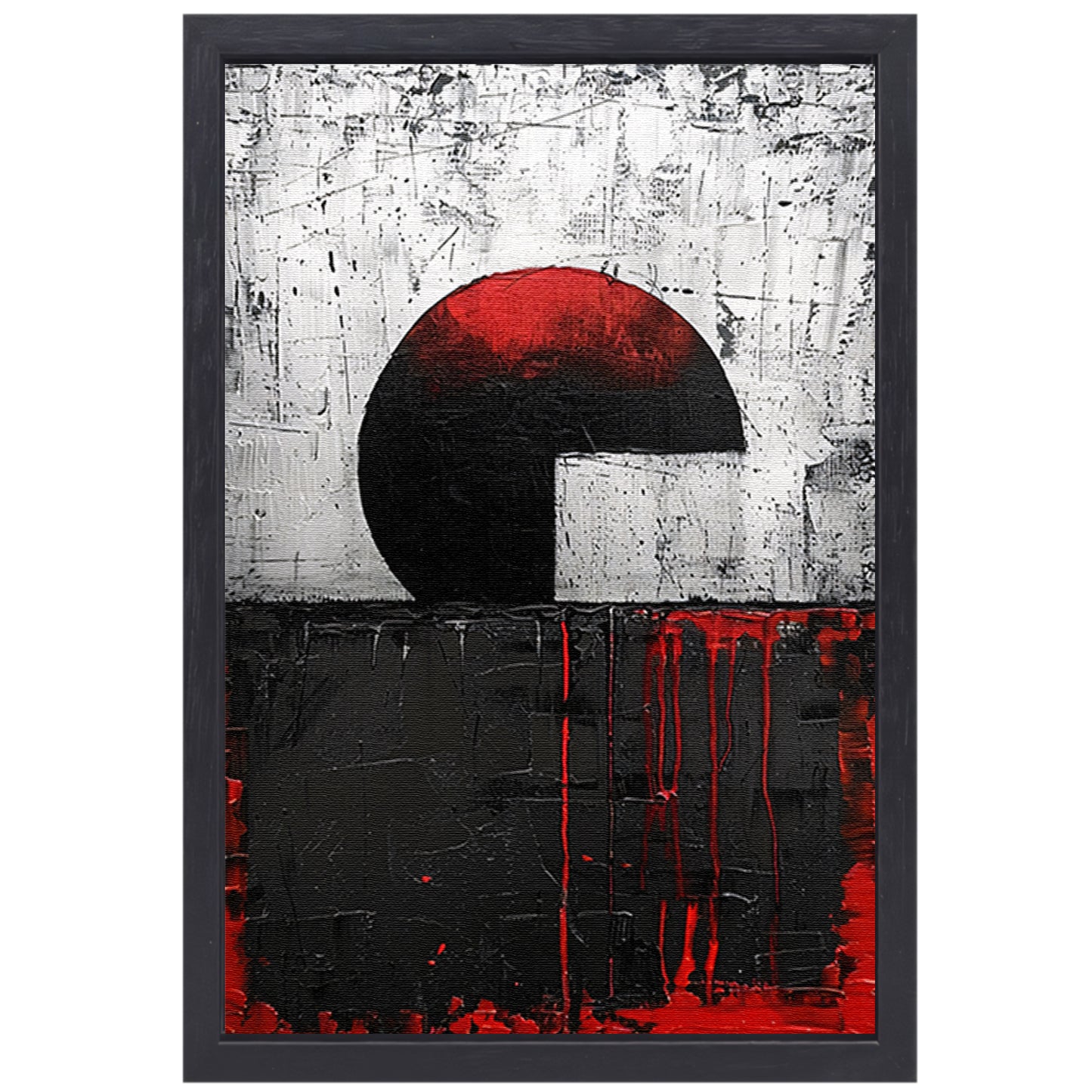 Abstract schilderij met cirkel en verfstrepen canvas met baklijst