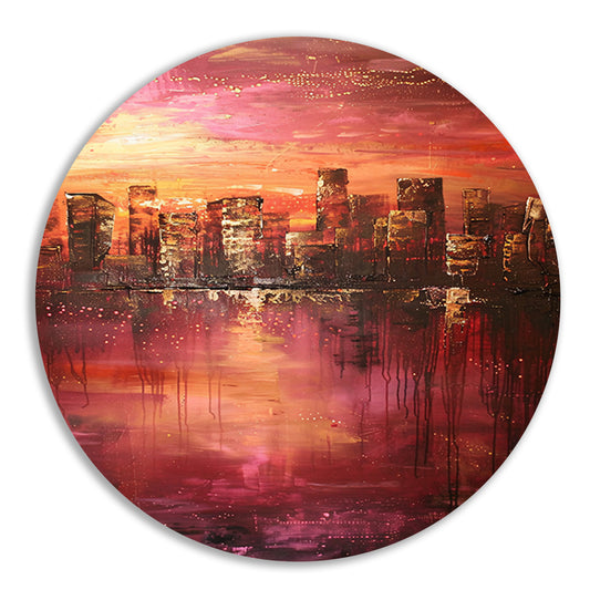 Abstracte skyline bij kleurrijke zonsondergang aluminium muurcirkel