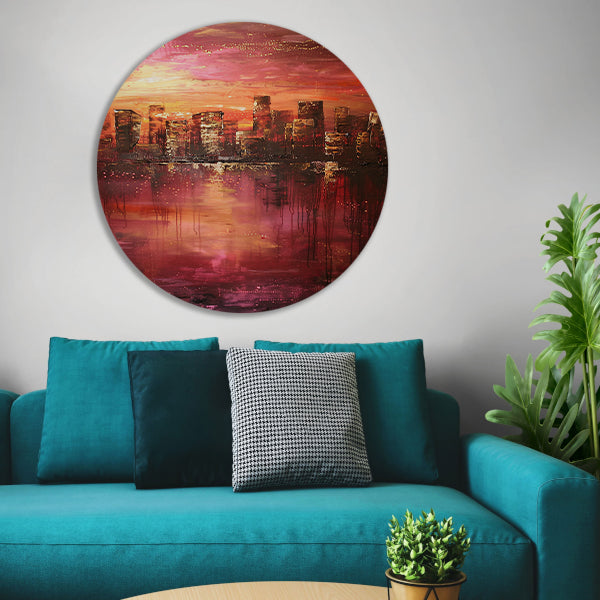 Abstracte skyline bij kleurrijke zonsondergang aluminium muurcirkel