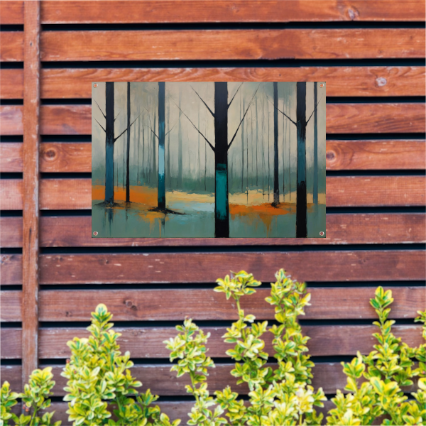 Nevelig bos met kleurrijke accenten tuinposter