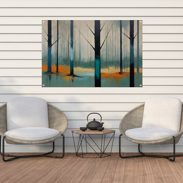 Nevelig bos met kleurrijke accenten tuinposter