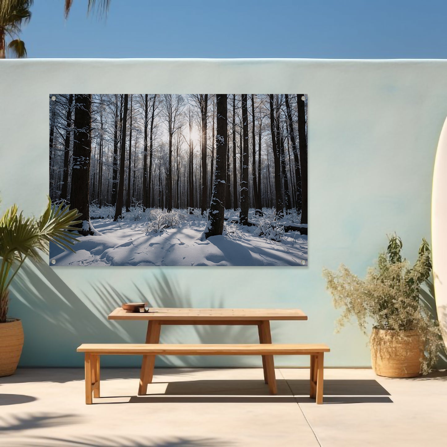 Serene winterbos met besneeuwde bomen tuinposter